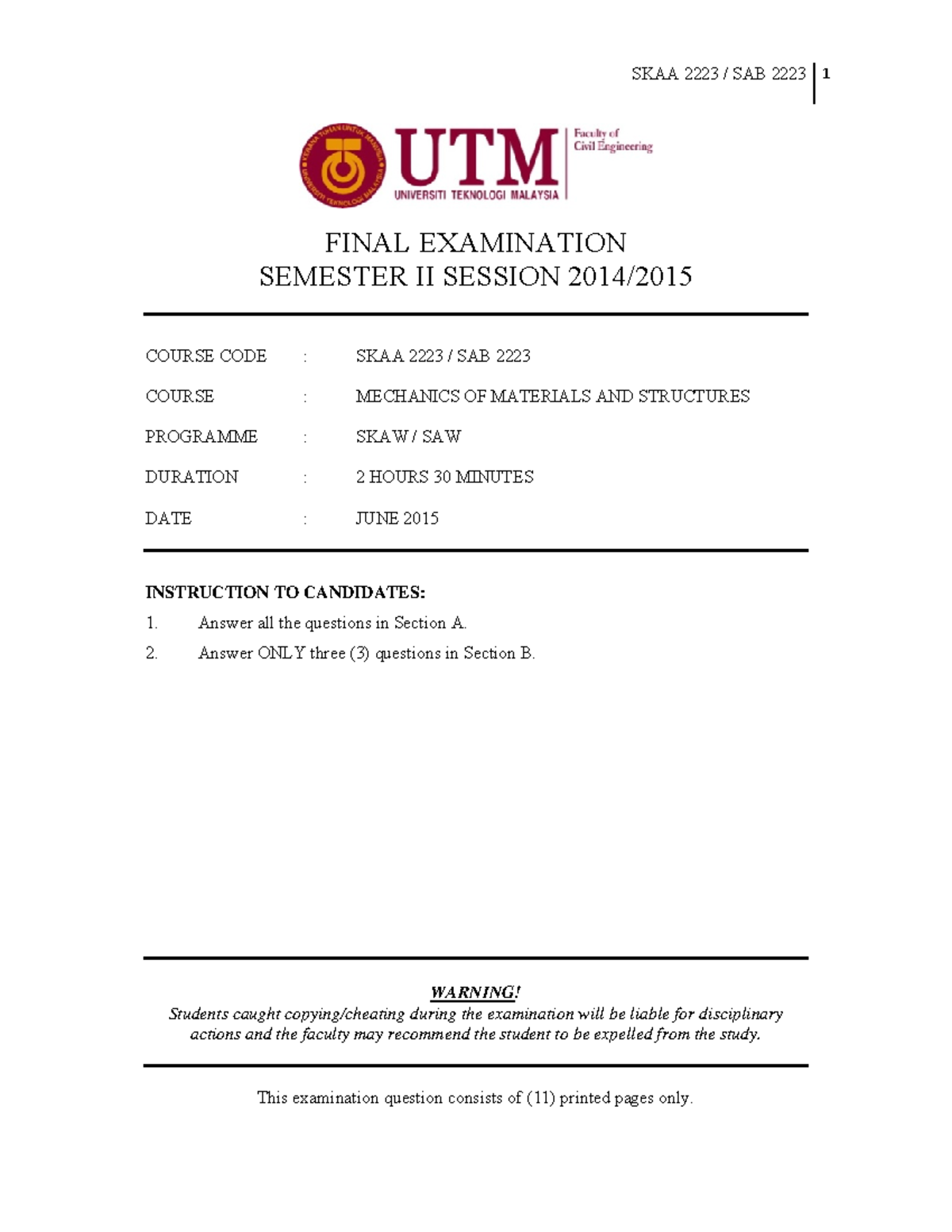 SKAA 2223 / SAB 2223 Final Exam - Mechanics of Materials & Structures ...