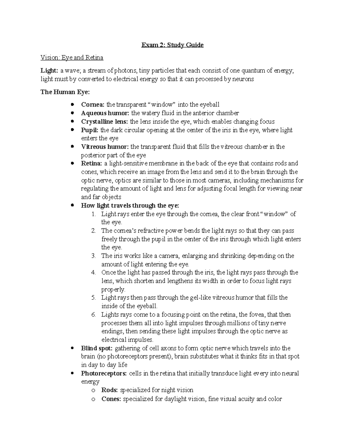 Exam 2 Study Guide - Exam 2: Study Guide Vision: Eye and Retina Light ...