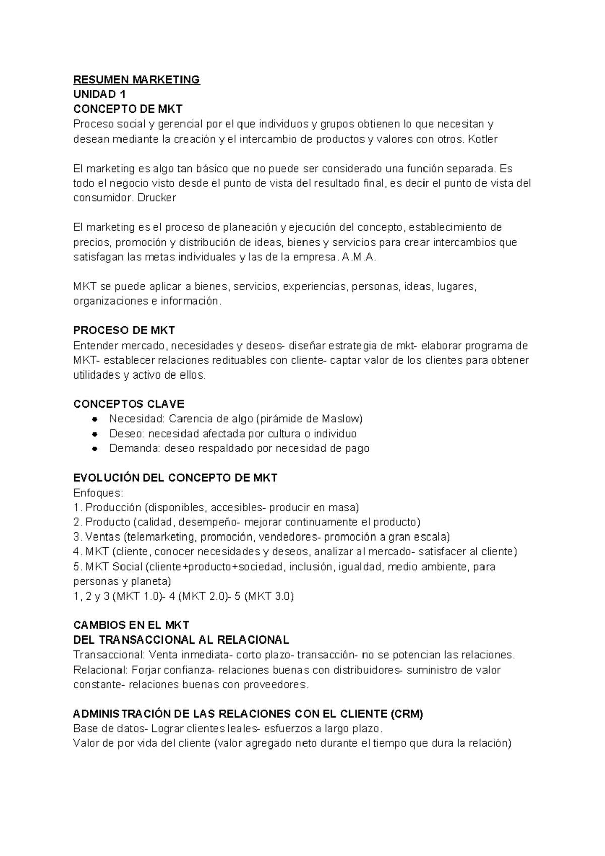 Resumen de Marketing - Unidad 1: Conceptos Clave y Proceso MKT - Studocu