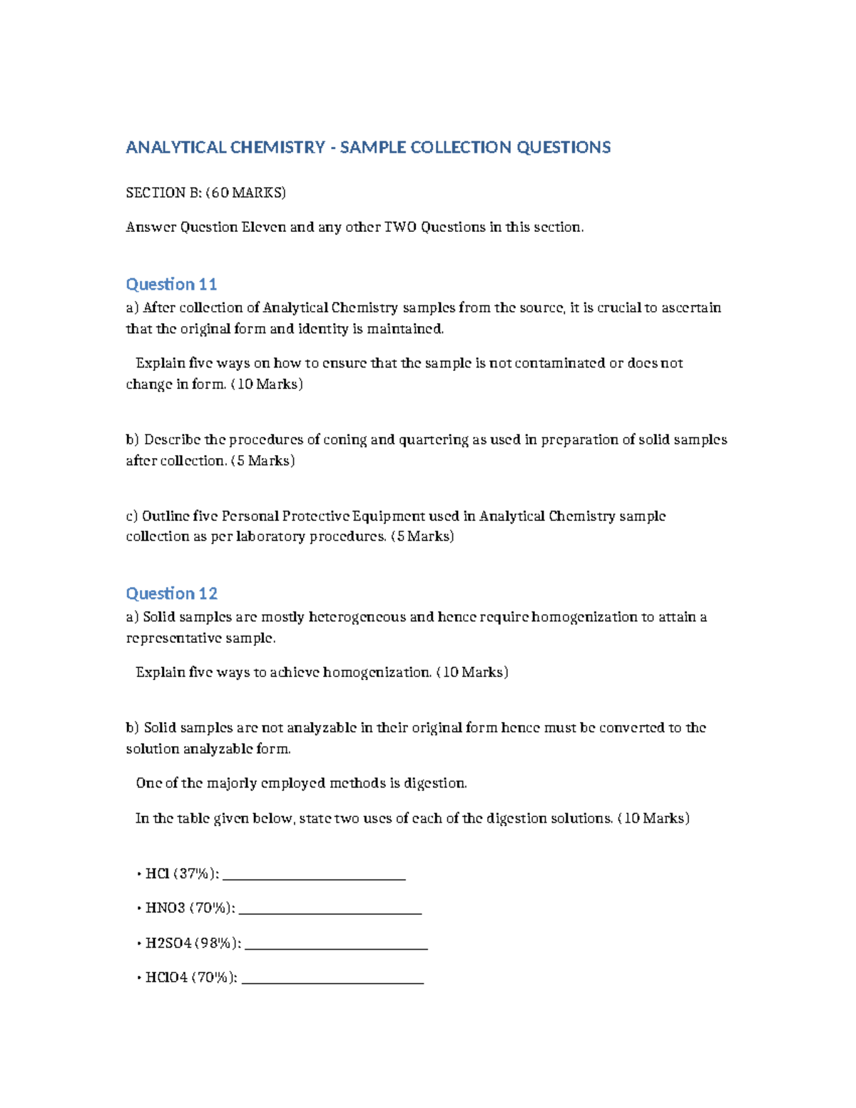 ANALYTICAL CHEMISTRY SAMPLE COLLECTION QUESTIONS - SECTION B (60 MARKS ...
