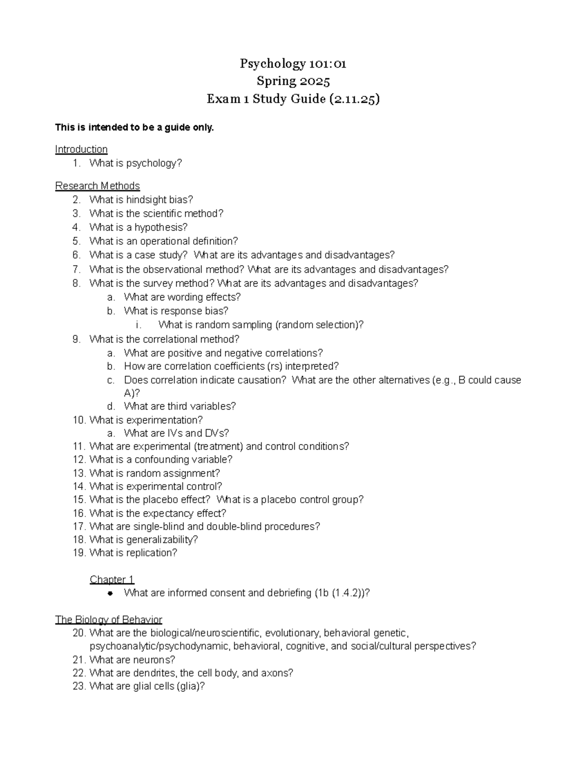 Psychology 101:01 Spring 2025 Exam 1 Study Guide - Studocu