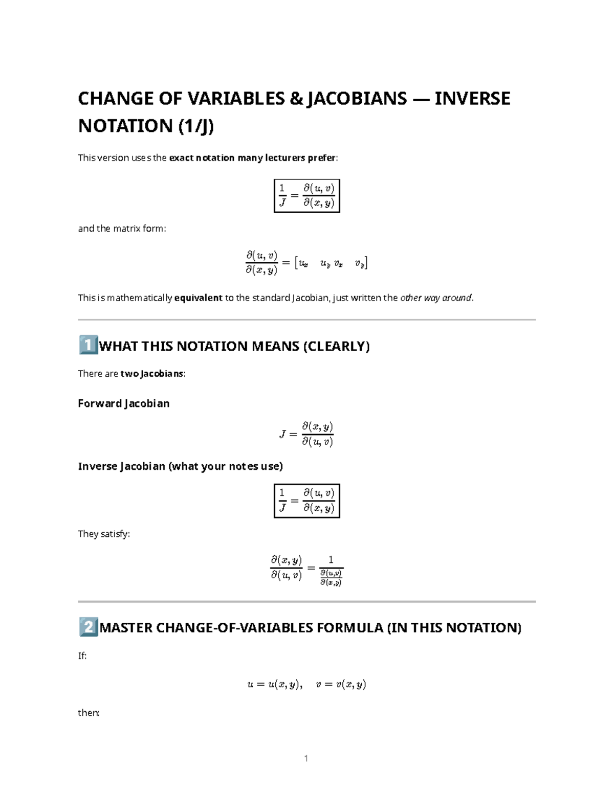 Jacobians – Inverse Notation (1 j) Exam Cheat Sheet - Studocu