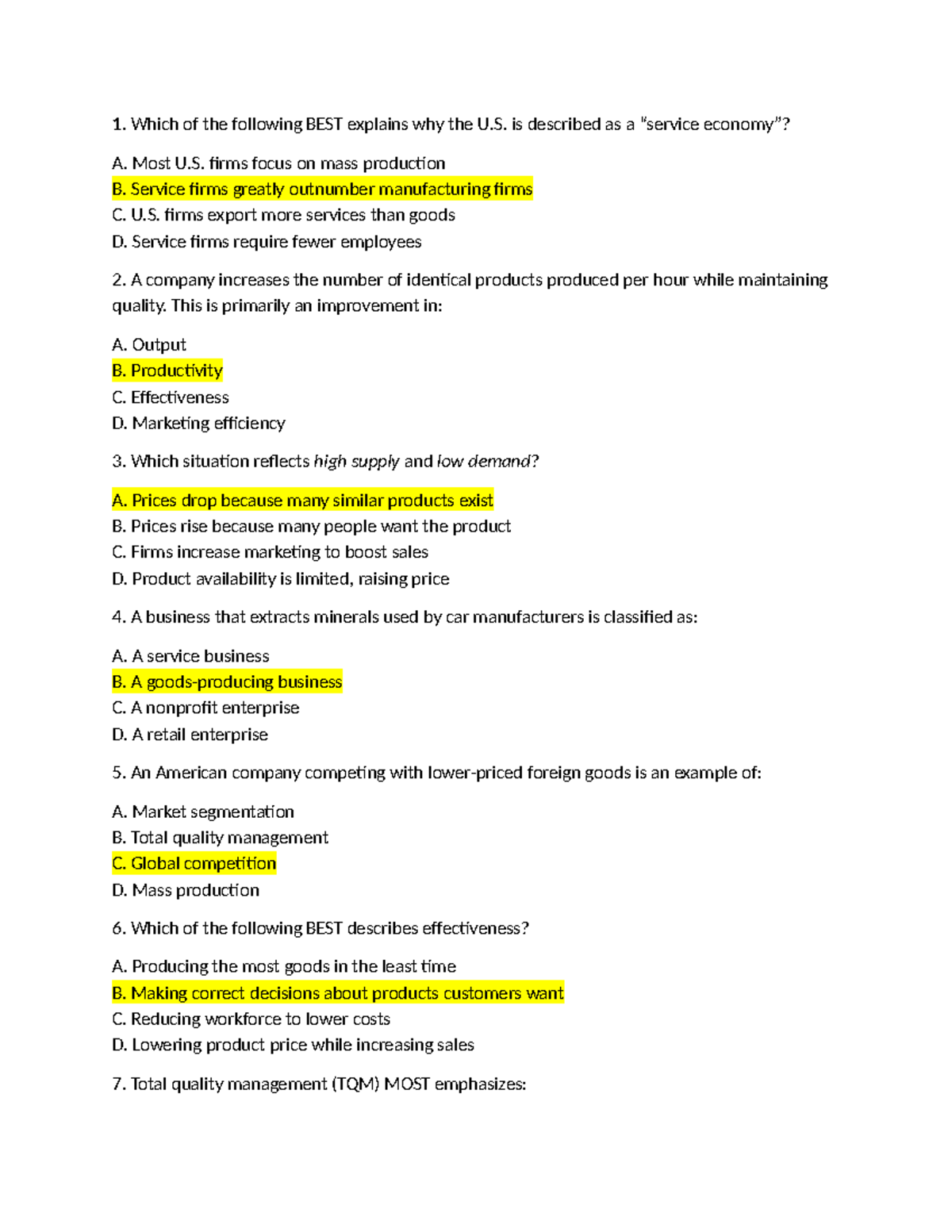 Chapter 6 - Business Concepts and Economic Principles Quiz - Studocu