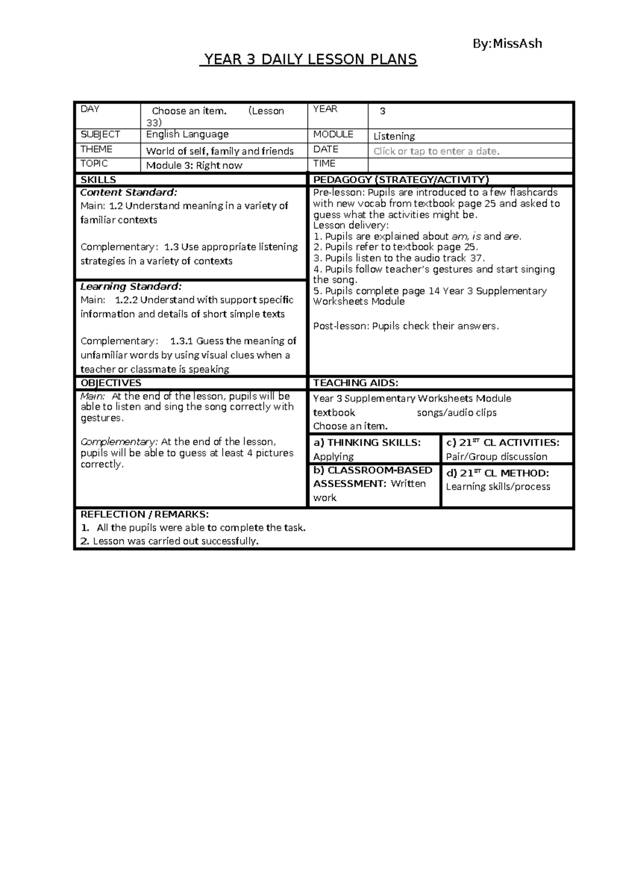 Y3 E L33 - L37 (M3) Daily Lesson Plans for English Language - Studocu