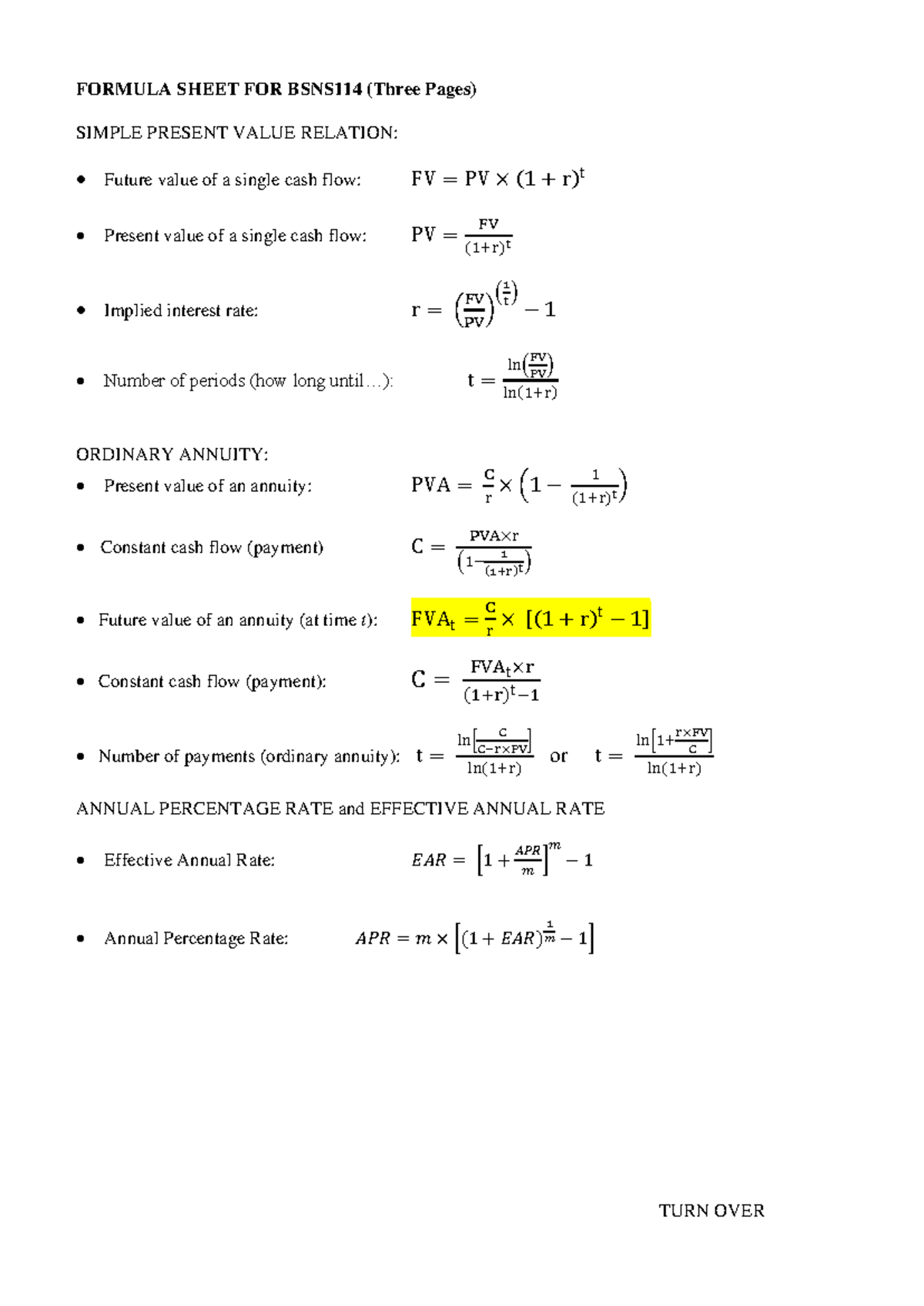 BSNS114 2024 Updated Formula Sheet for Present Value Concepts - Studocu