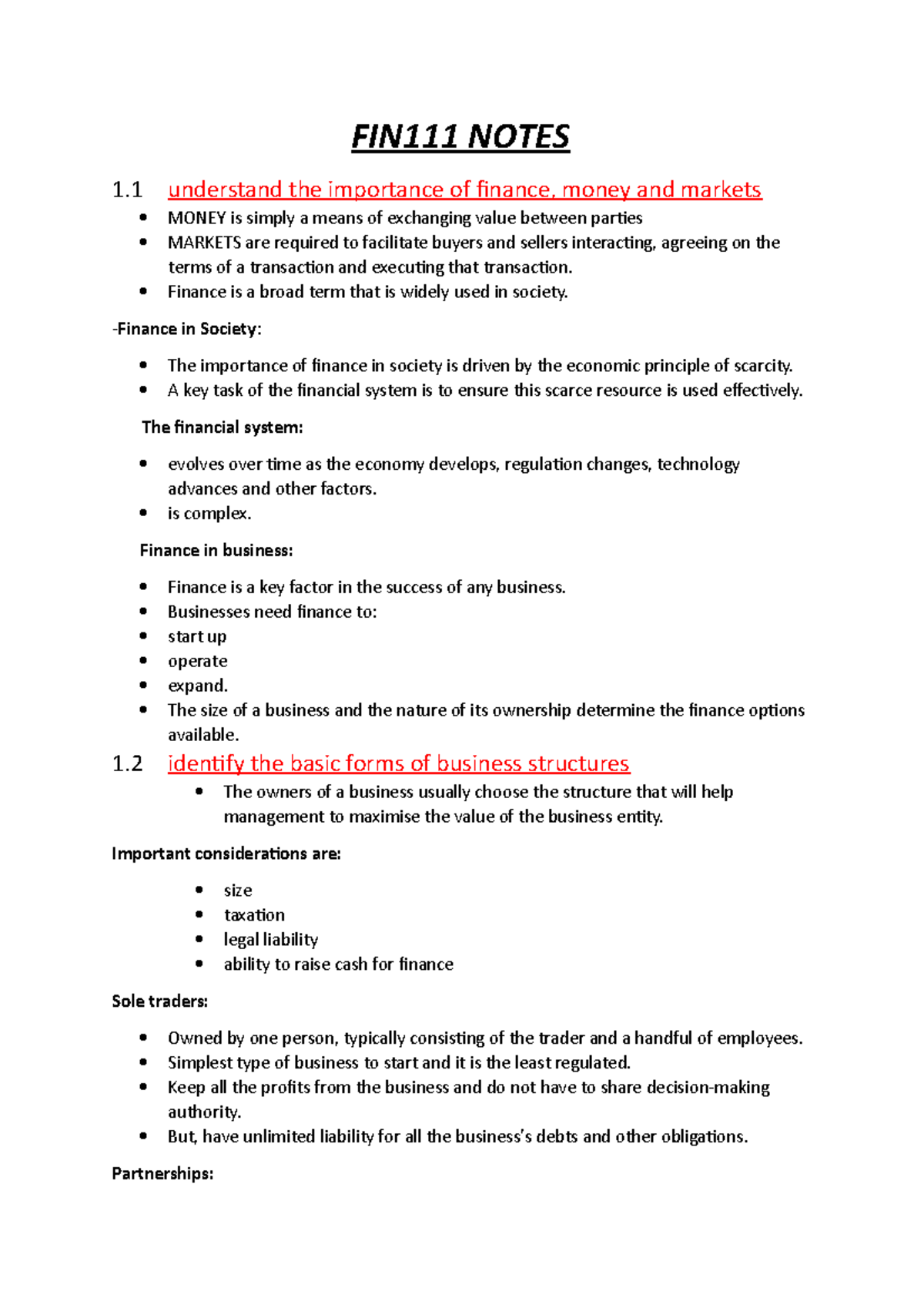 FIN 111 Notes - FIN111 NOTES 1 understand the importance of finance ...