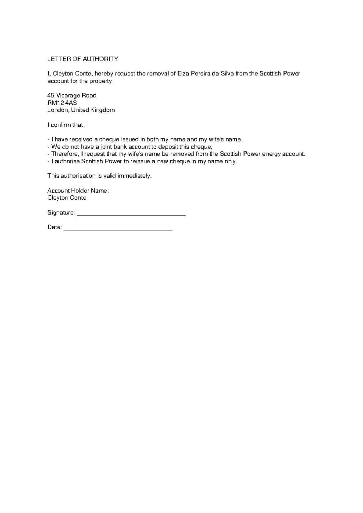 LOA Scottish Power Reissue ChequeSD - LETTER OF AUTHORITY I, Cleyton ...