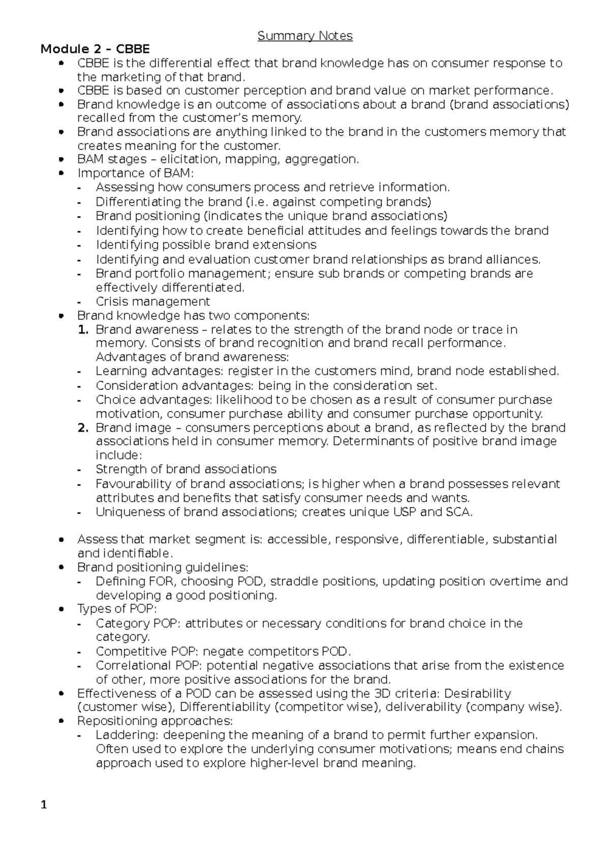 CBBE Summary Notes: Key Concepts & Brand Management Strategies - Studocu