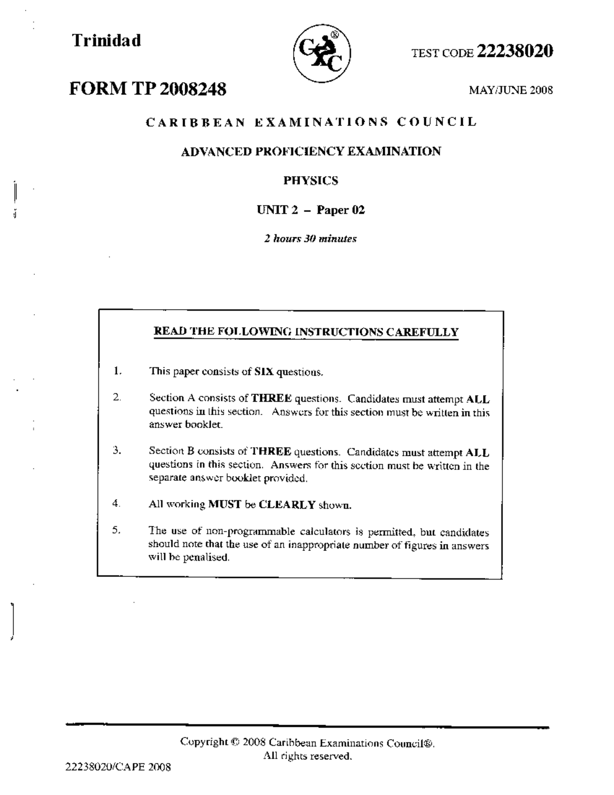 CAPE Physics 2008 Unit 2 Paper 2 Exam Instructions and Questions - Studocu