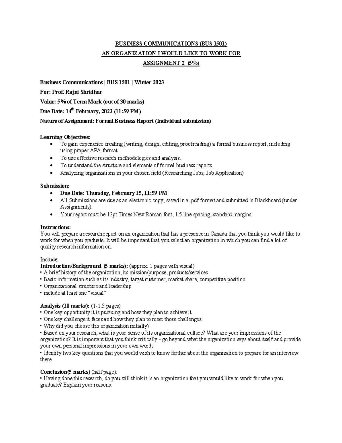 Assignment 2 Business Report on Preferred Organization - BUS 1501 - Studocu