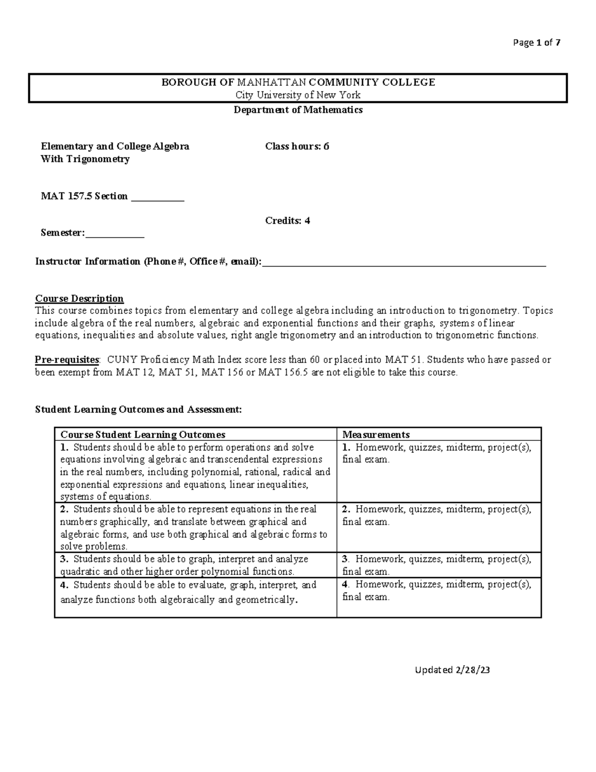 MAT 157 Syllabus: College Algebra and Trigonometry Overview - Studocu