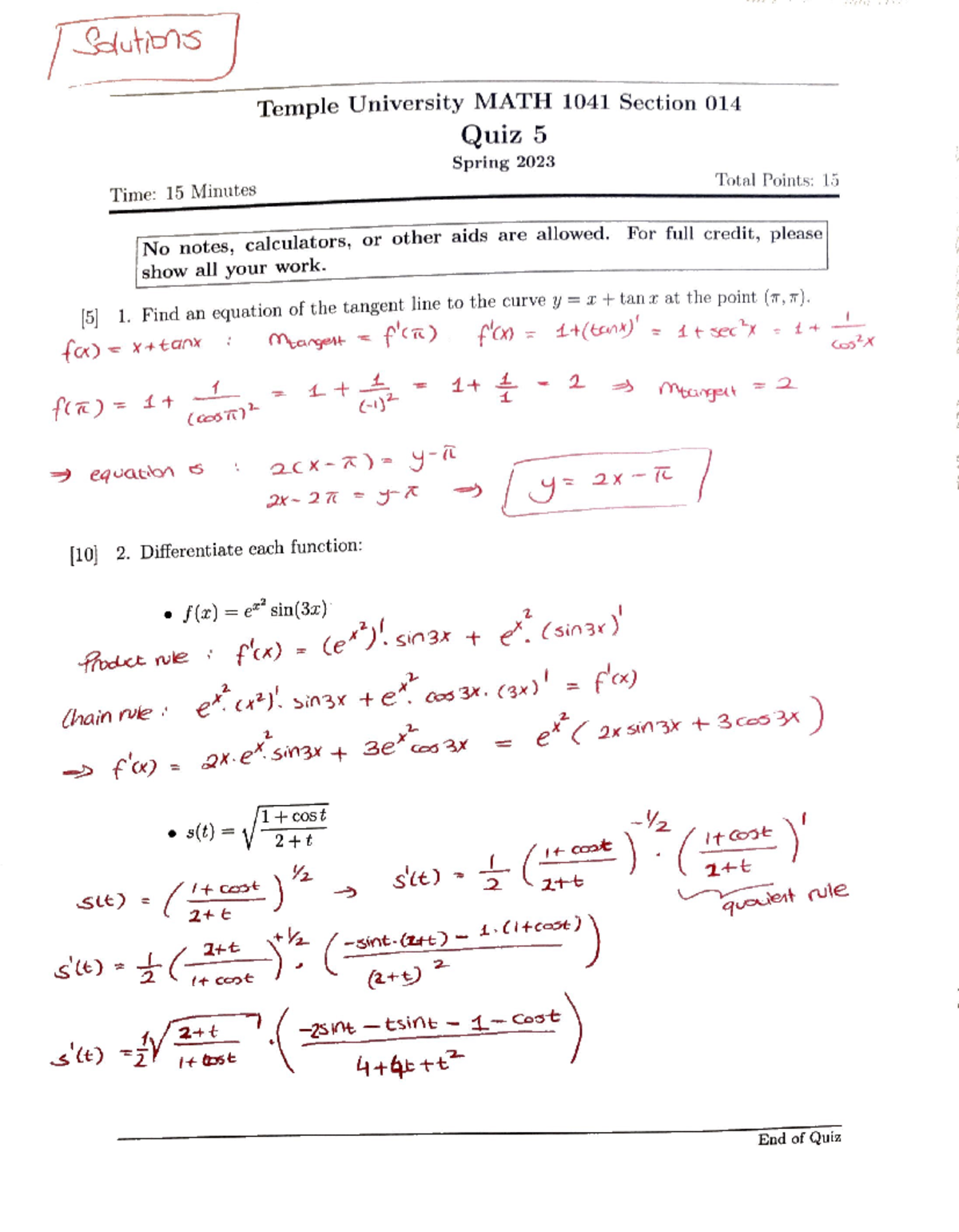 Calc1 - Quiz 5 Solutions - Temple University MATH 1041 Section 014 Quiz ...