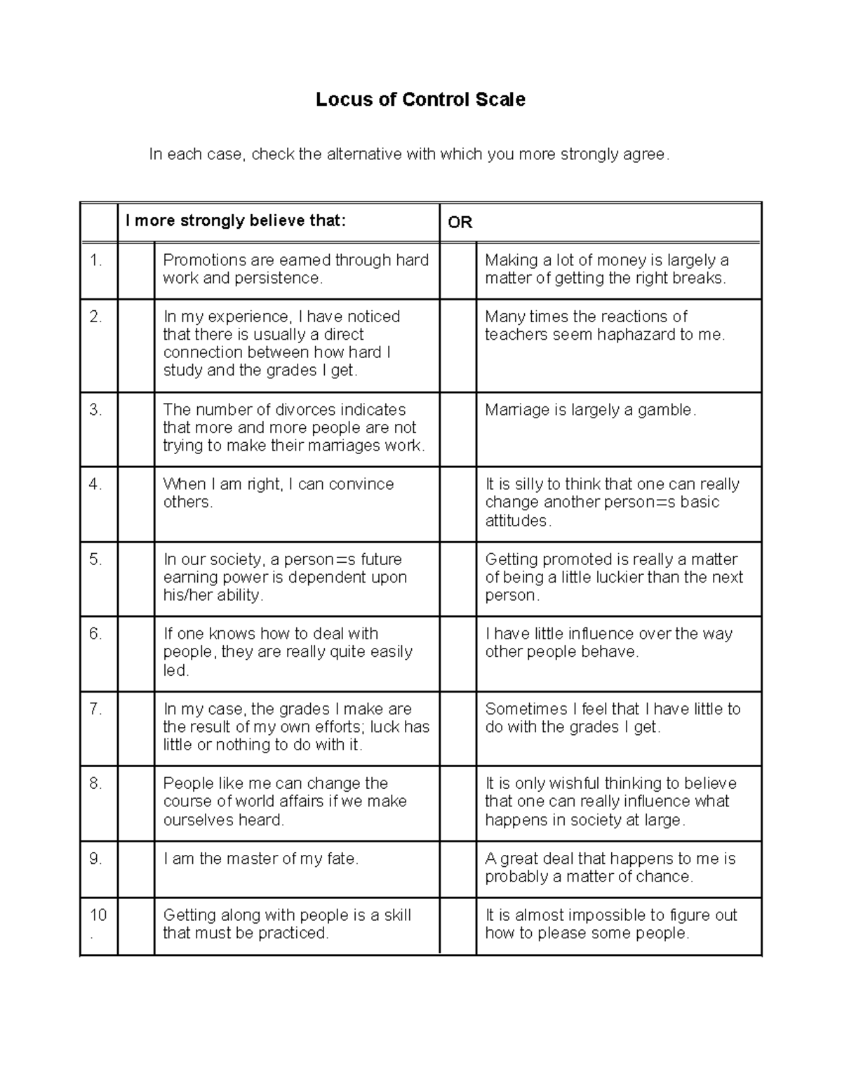 Assign 4 Locusof Control Scale - Locus of Control Scale In each case ...