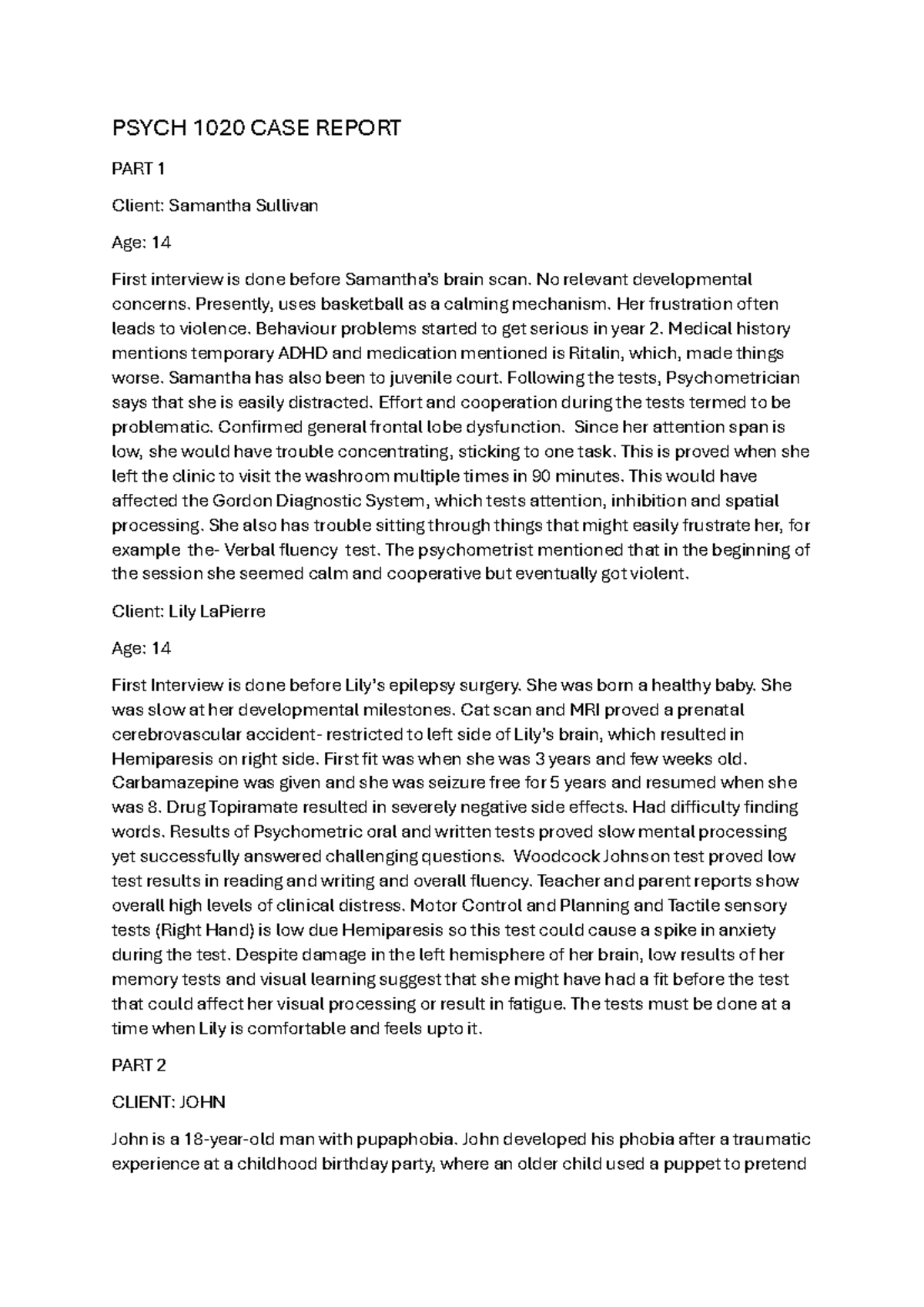 PSYCH 1020 CASE REPORT: Assessing Clients' Psychological Profiles - Studocu
