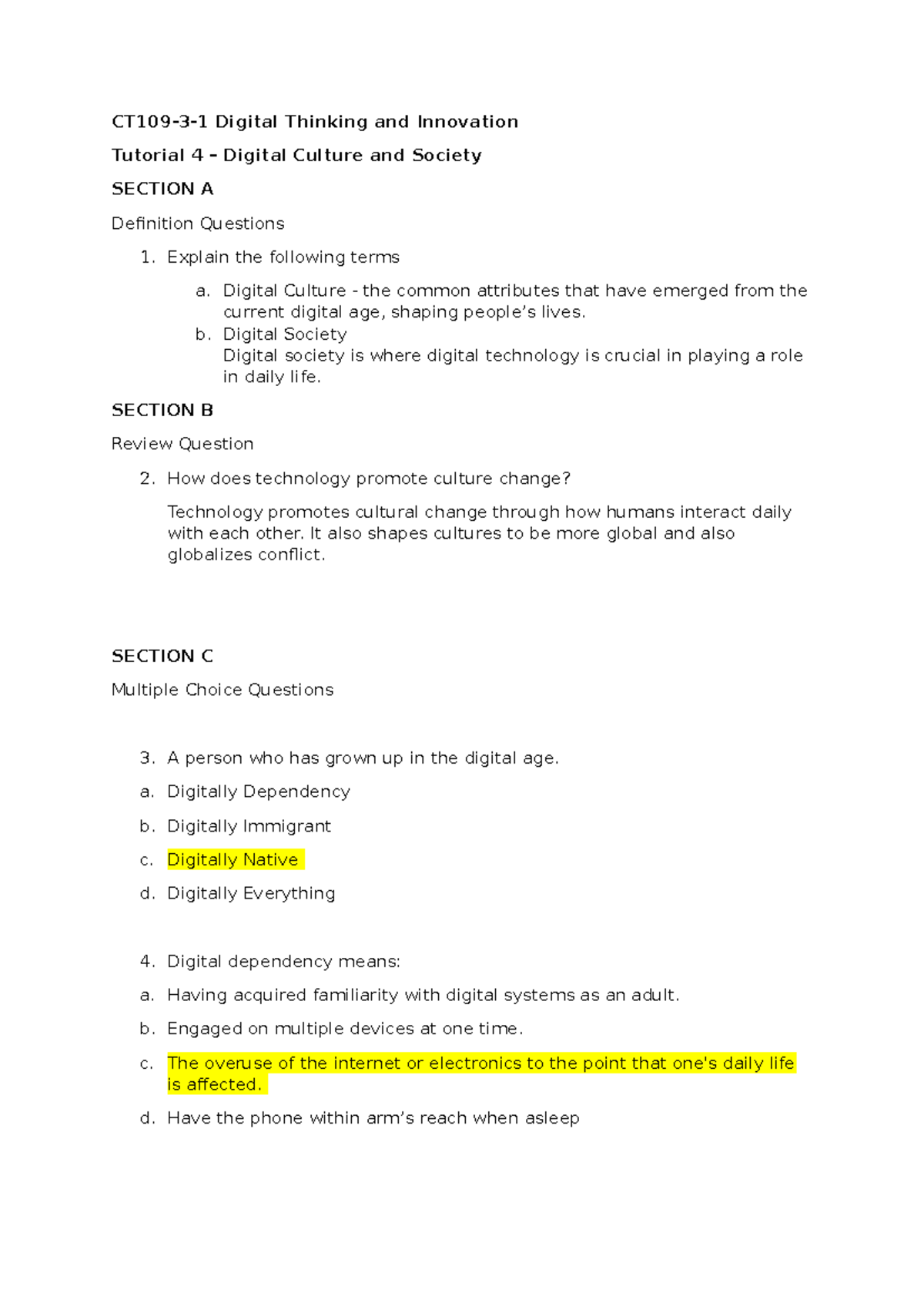 Tutorial 4: Digital Culture & Society - Key Concepts & Questions - Studocu