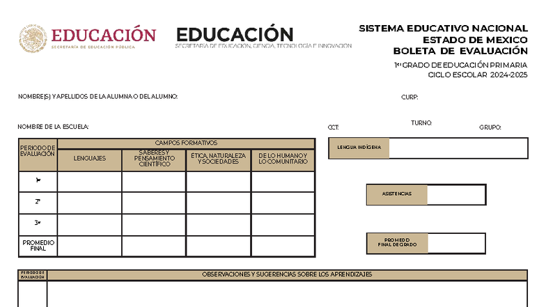Boletas de Evaluación Primaria 1er a 5to Grado - Estado de México - Studocu