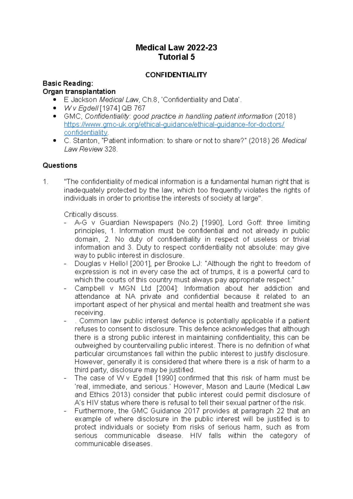 Medical Law 2022: Tutorial 5 – Confidentiality in Healthcare - Studocu