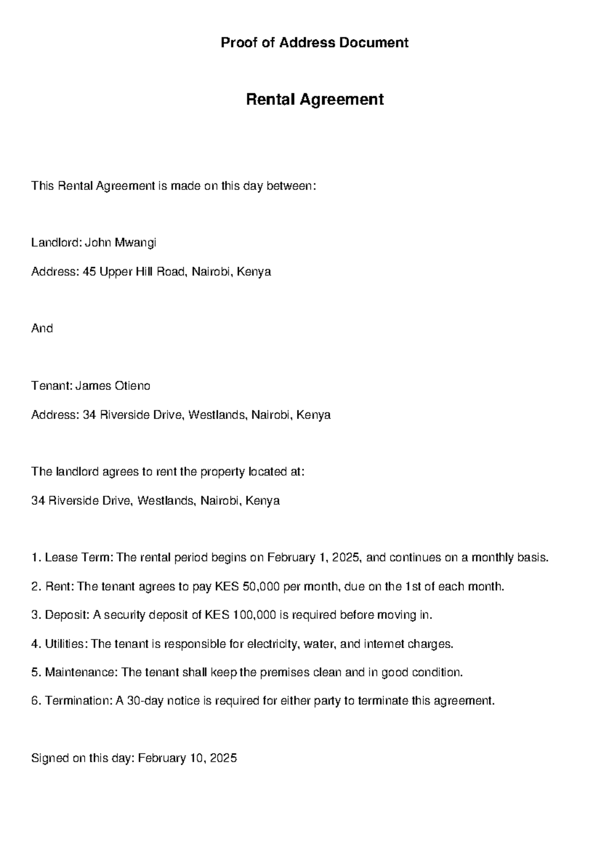 Rental Agreement James Otieno - Proof of Address Document Rental ...