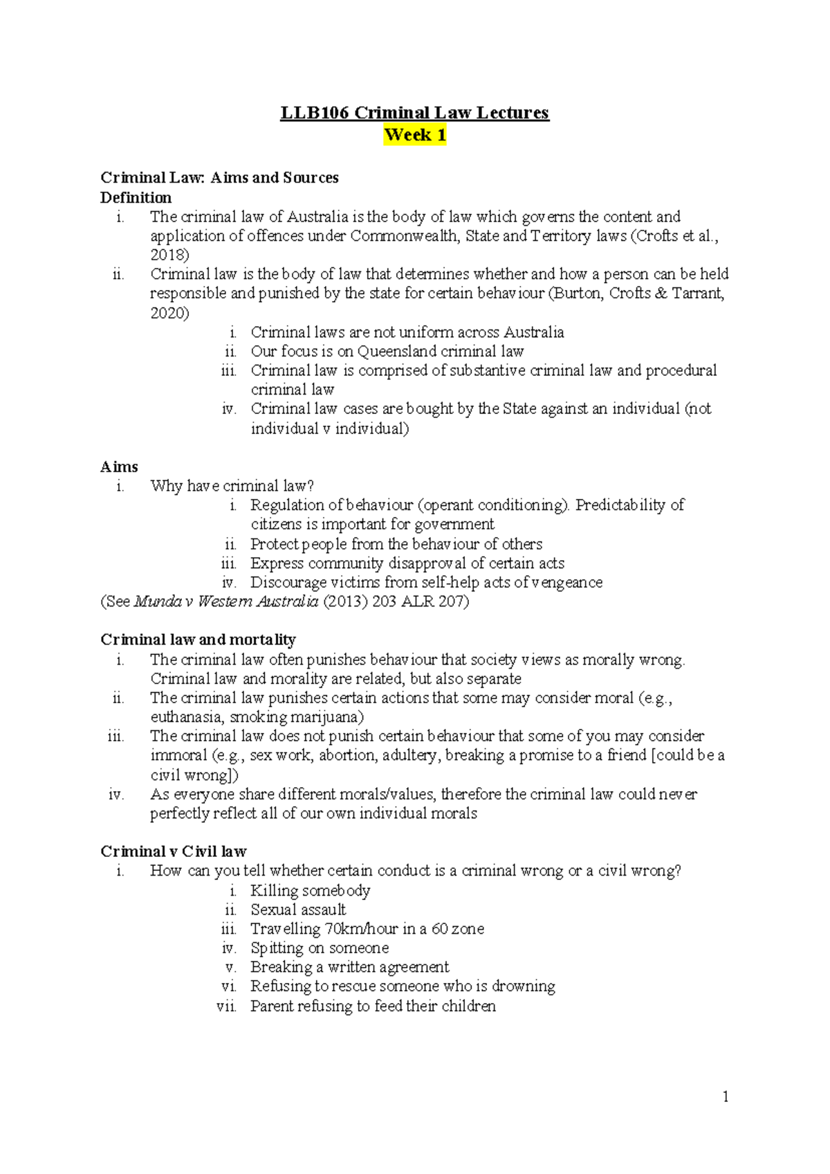 LLB106 Criminal Law Lectures: Week 1 Overview and Key Concepts - Studocu