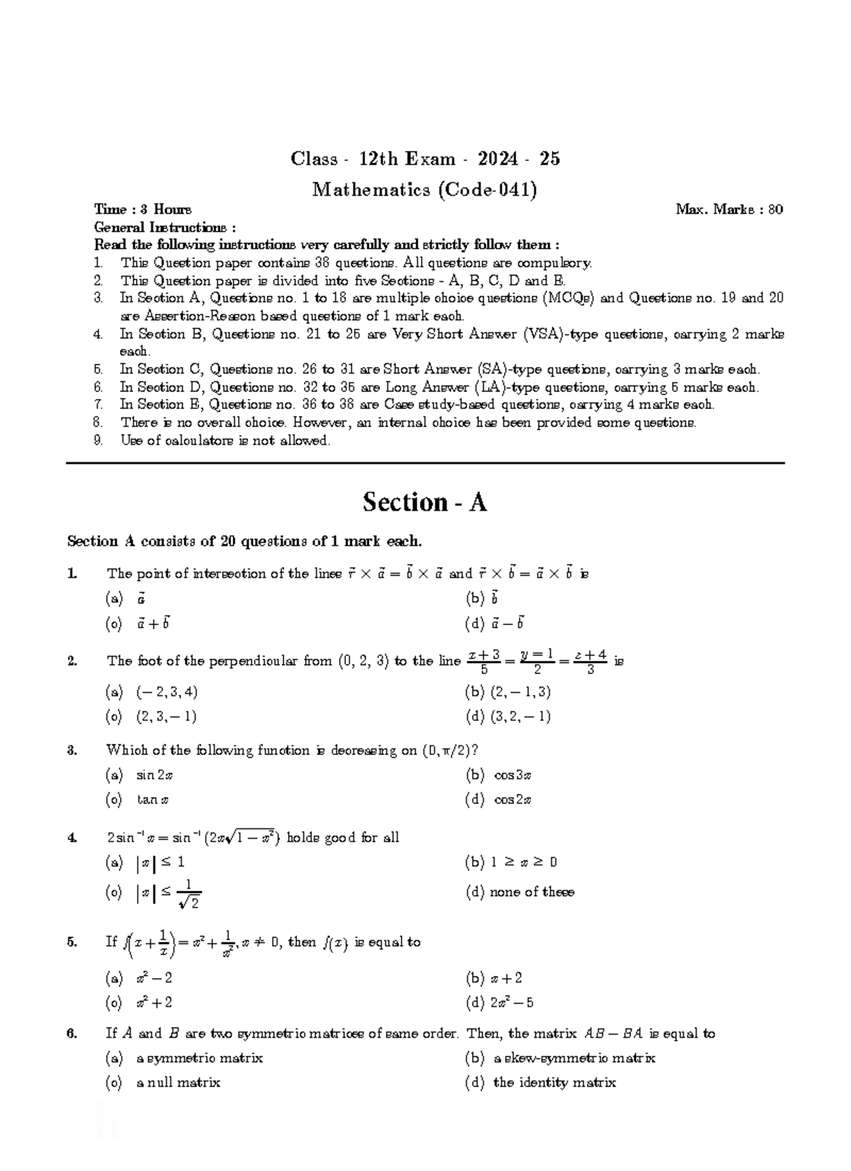 Sample Paper 05 CBSE Class 12 Math Exam (Code-041) - 2024-25 - Studocu