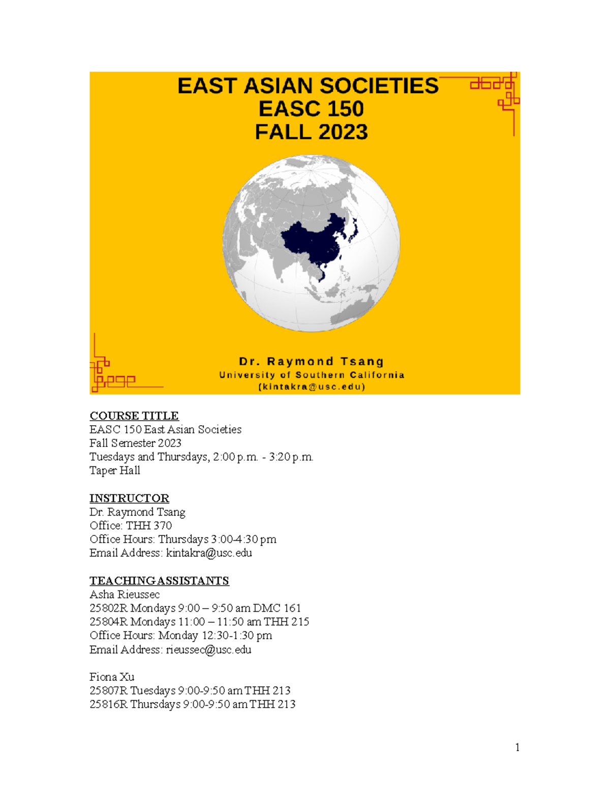 EASC 150 Fall 2023 East Asian Societies Syllabus (Revised) - Studocu