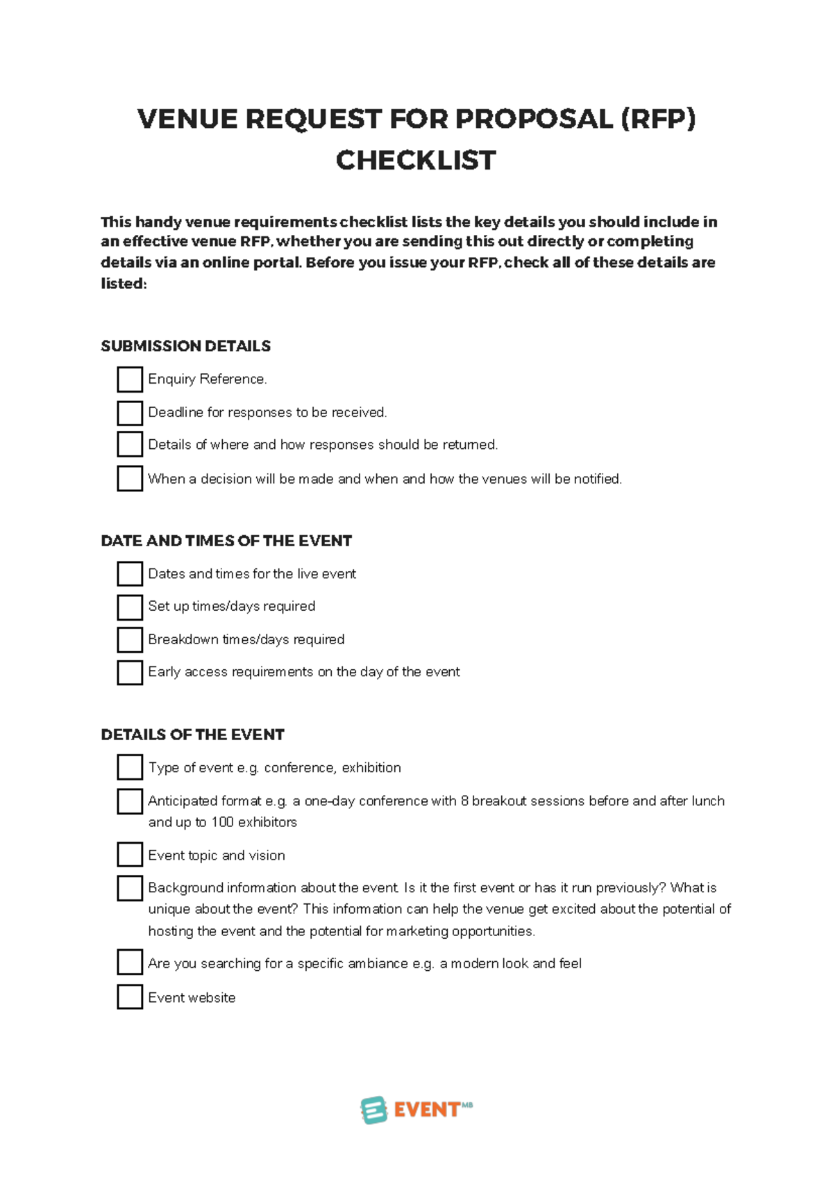 Venue Request for Proposal RFP Checklist - VENUE REQUEST FOR PROPOSAL ...