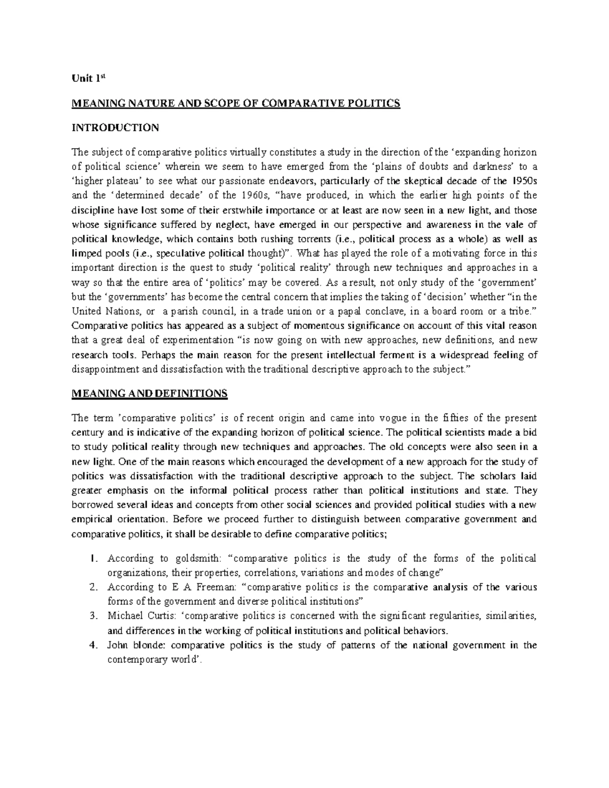 Unit 1 Notes Meaning Nature And Scope Of Comparative Politics Pol Unit 1 Notes Meaning Nature And Scope Of Comparative Politics Pol