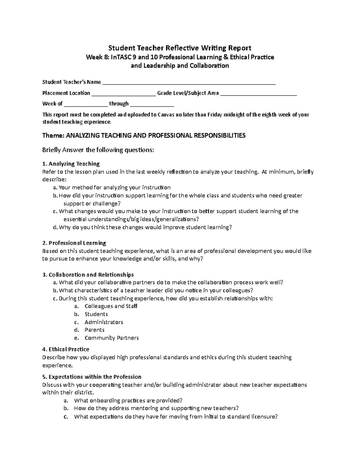 Reflective Writing 8 7 - Student Teacher Reflective Writing Report Week ...