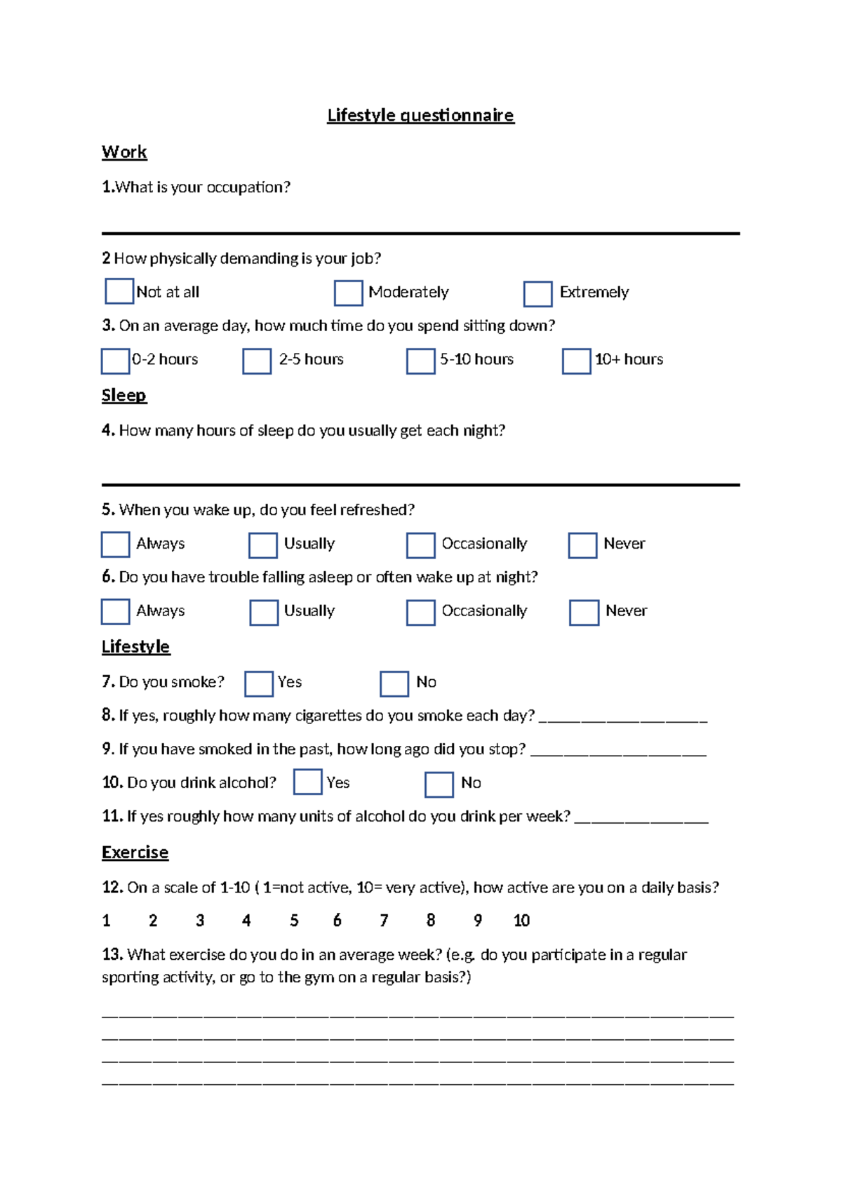 Lifestyle Questionnaire for Health Assessment Survey - Studocu