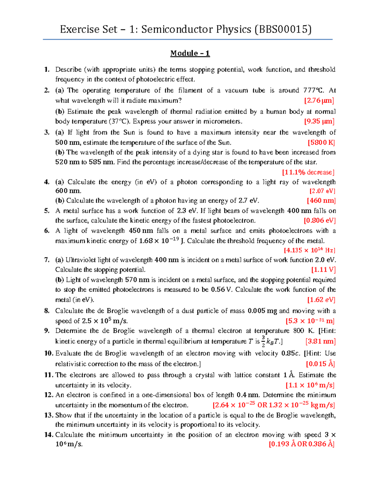 Exercise Set 1: Semiconductor Physics [BBS00015] - Key Concepts ...