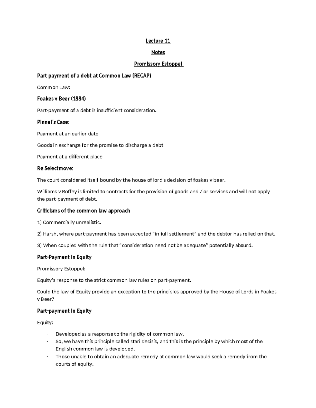 Lecture 11 Notes: Promissory Estoppel & Common Law Cases (RECAP) - Studocu