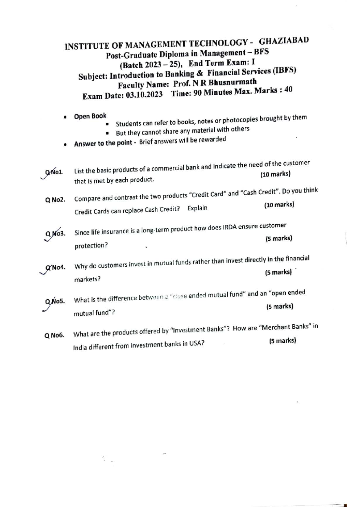 Diploma in BFS (Batch 2023-25) - End Term Exam Papers Compilation - Studocu