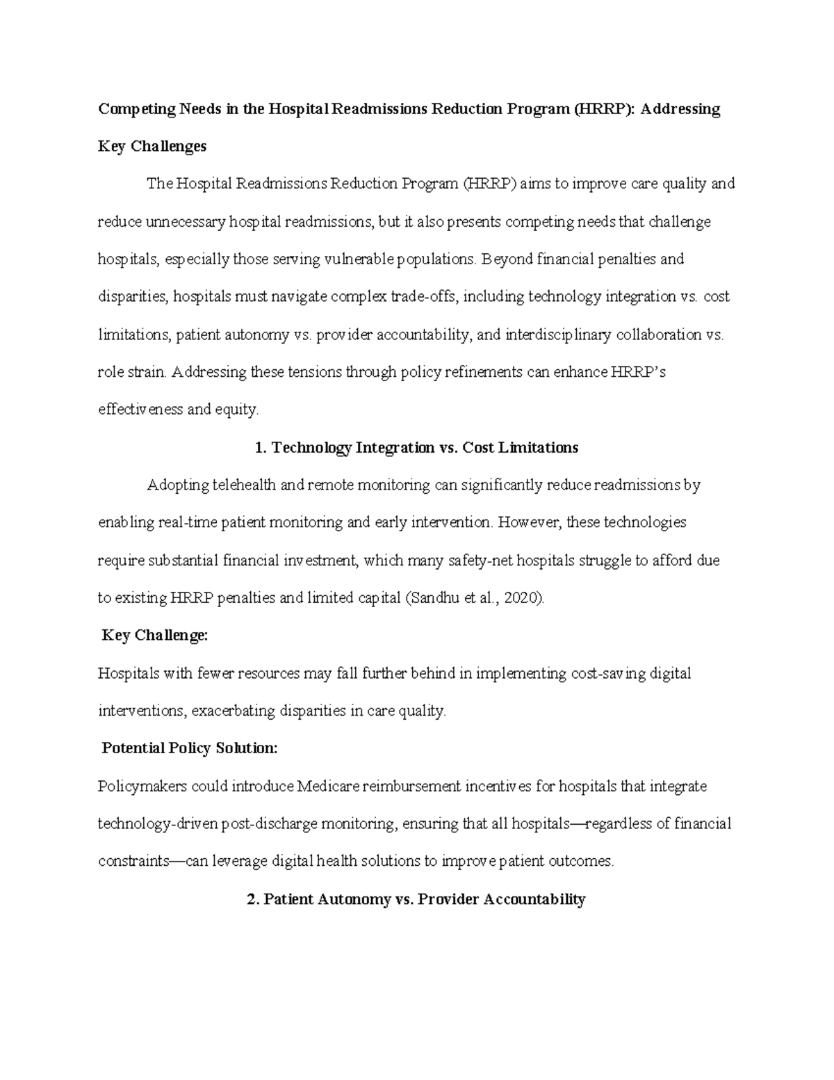 Competing Needs in the HRRP: Challenges in Hospital Readmission ...
