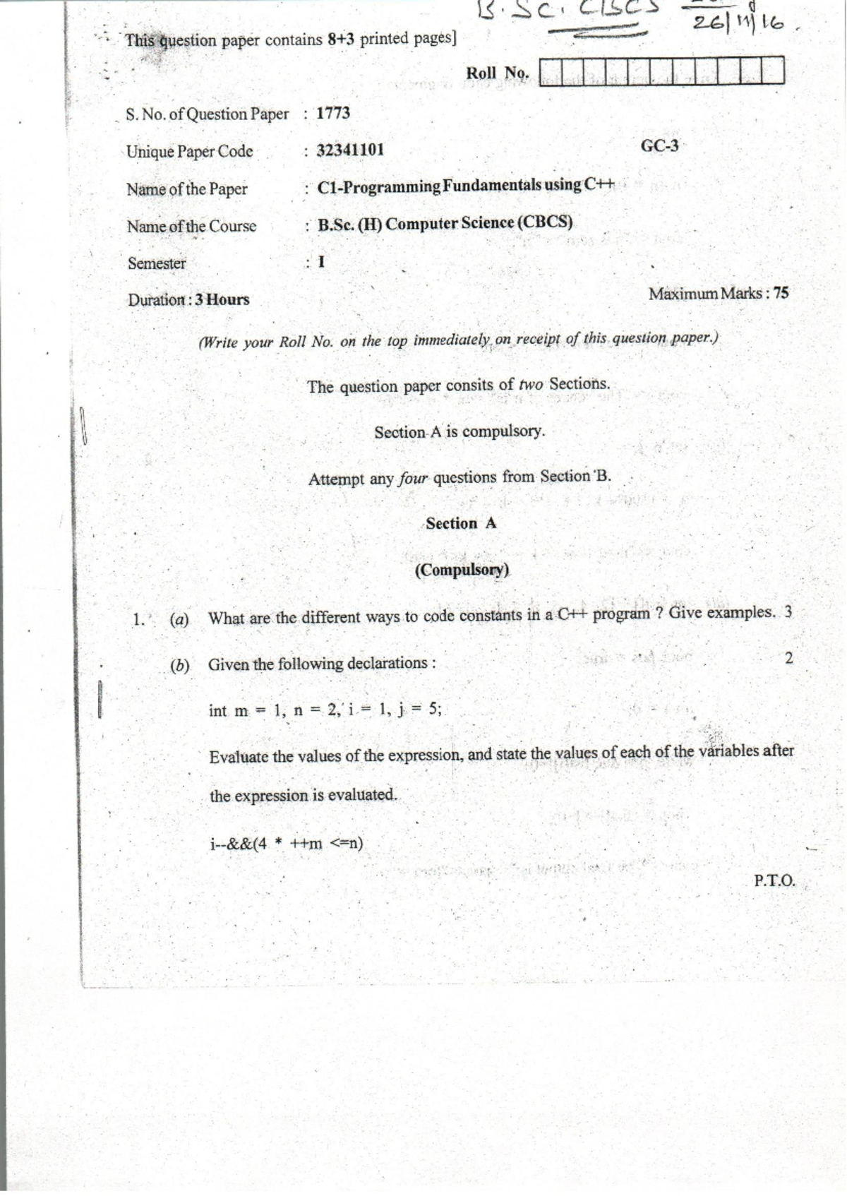 B.Sc. (H) Computer Science - C++ Fundamentals Exam Paper (1773) - Studocu