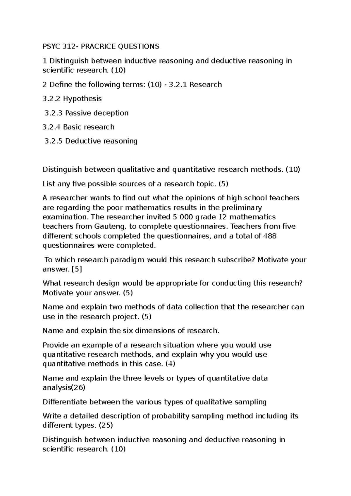 PSYC 312 - Practice Questions on Research Methods and Reasoning - Studocu