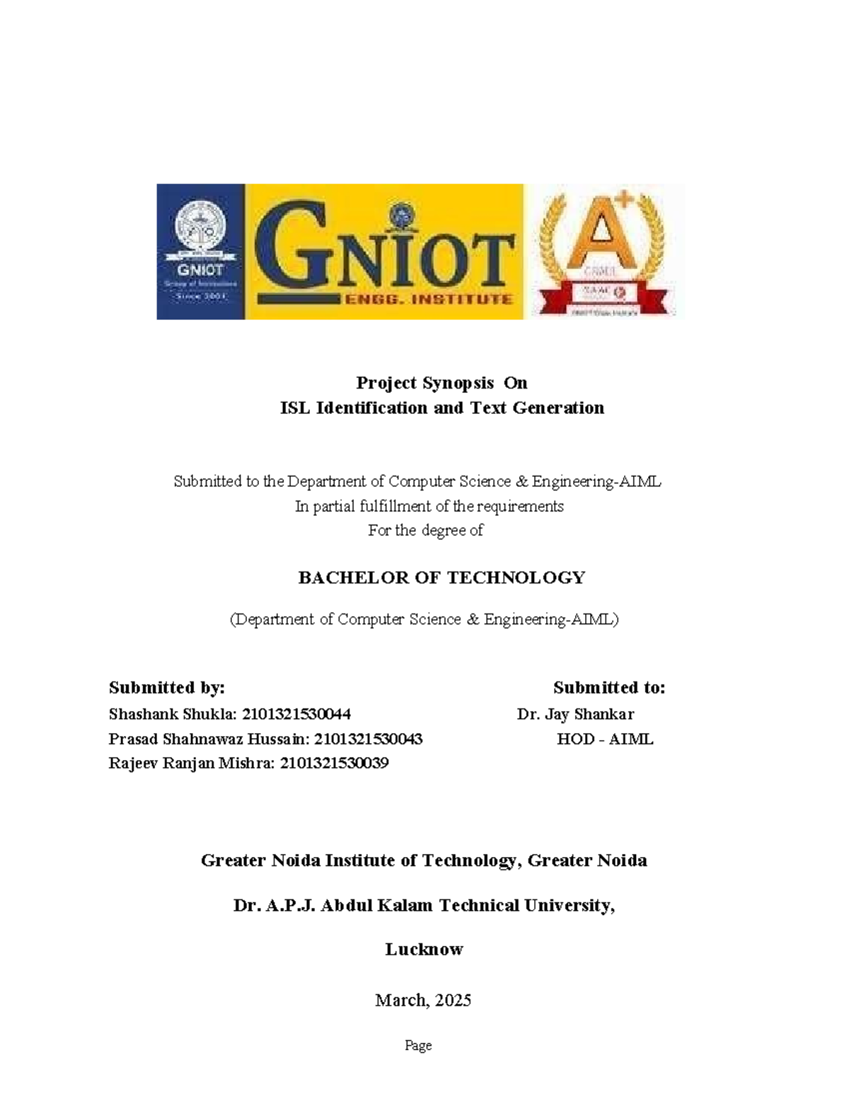 Synopsis isl - new - Project Synopsis On ISL Identification and Text ...