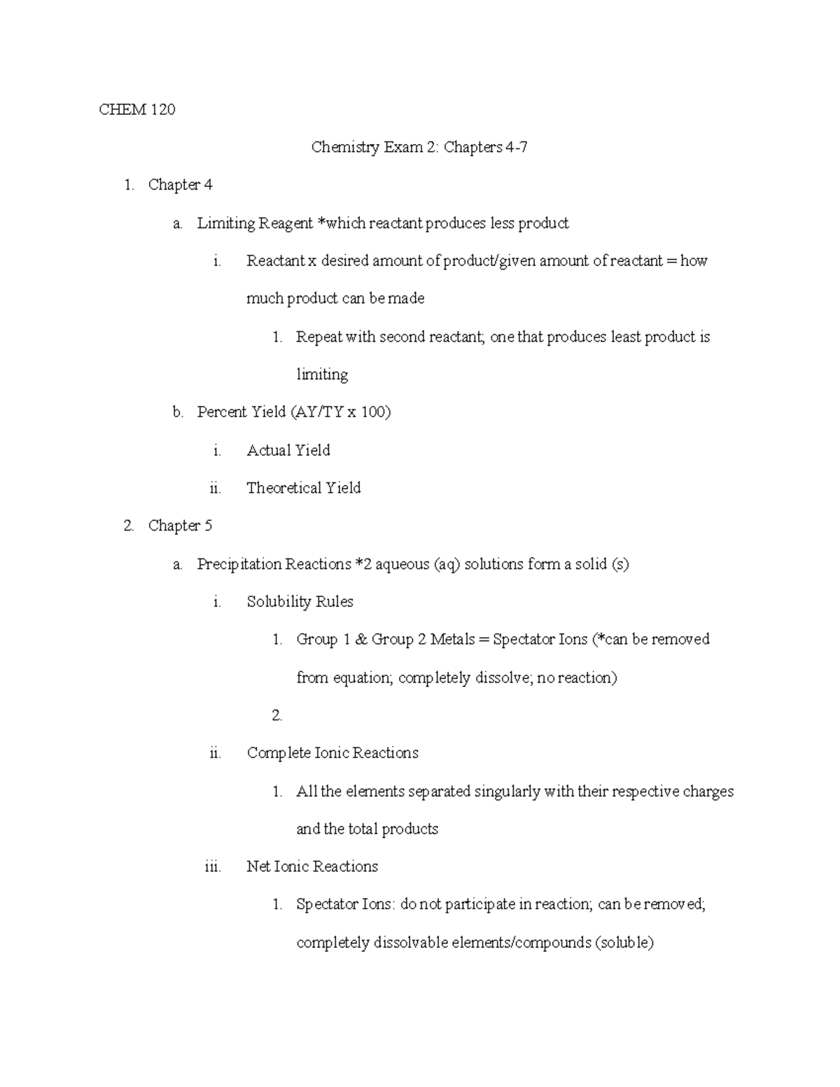 Chemistry Exam 2 Study Guide for CH 120 - Key Concepts & Reactions ...
