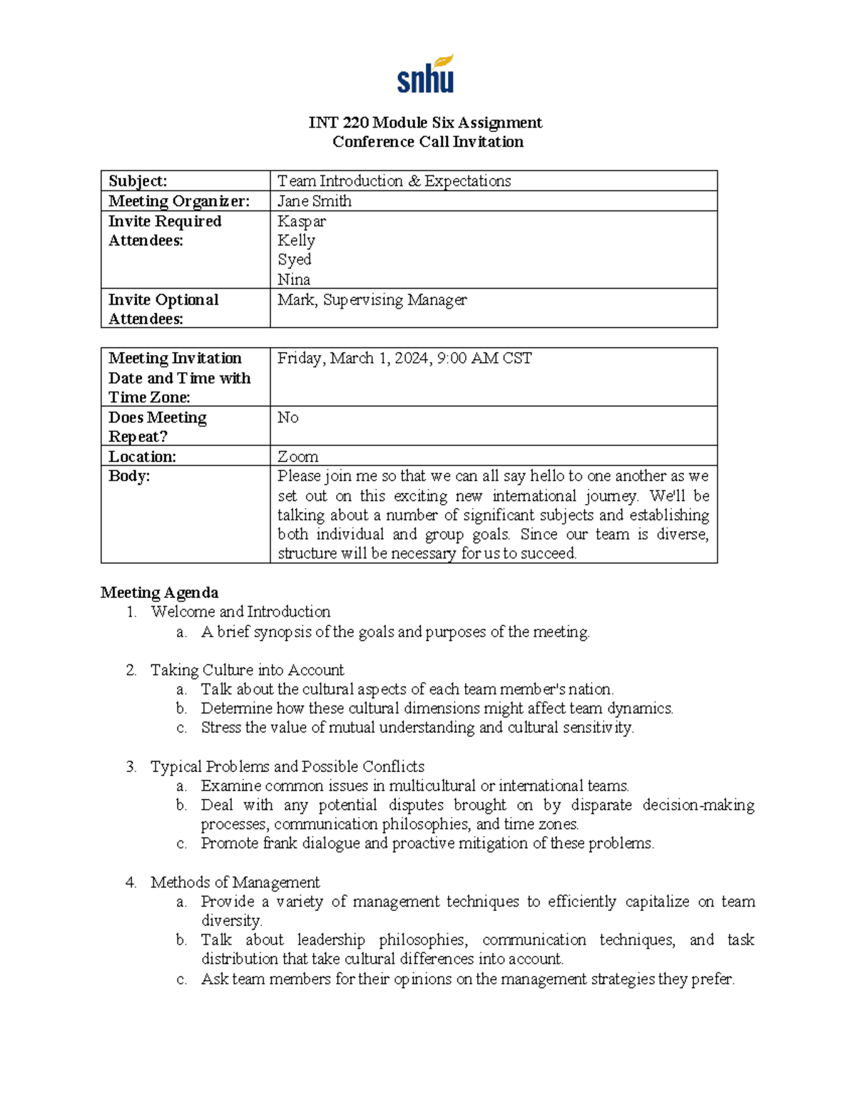 INT 220 - Conference Call Agenda: Team Intro & Goals Discussion - Studocu