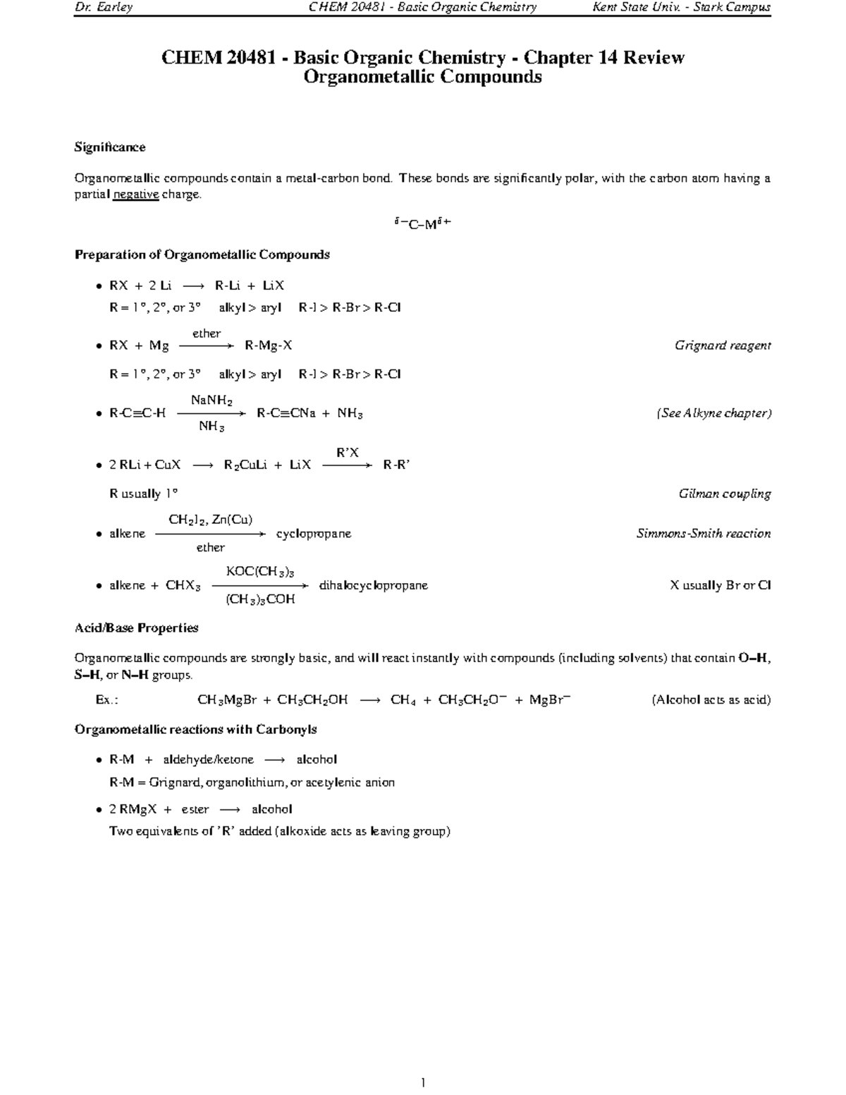 Summary - Chapter 14 review - Dr. Earley CHEM 20481 - Basic Organic ...