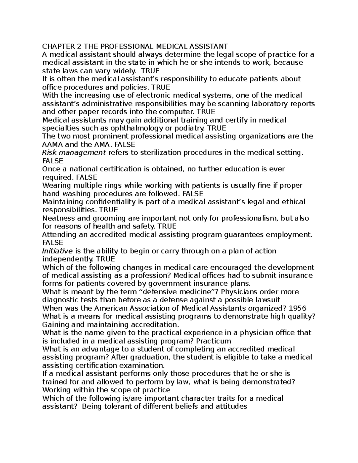 CHAPTER 2: PROFESSIONALISM IN MEDICAL ASSISTING (MED 101) - UPDATED ...