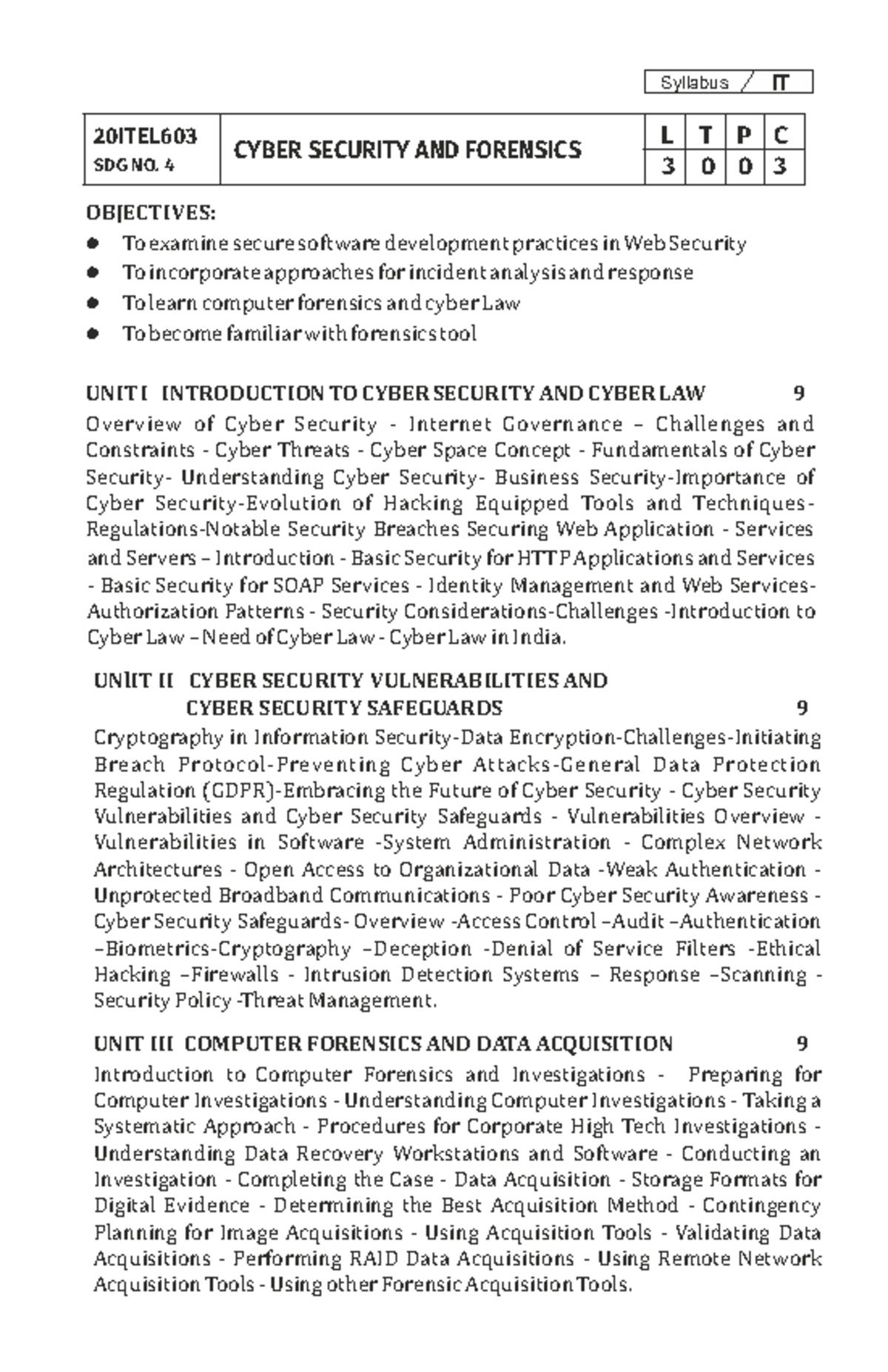 Cyber Security & Forensics Syllabus Overview (20ITEL603) - Studocu