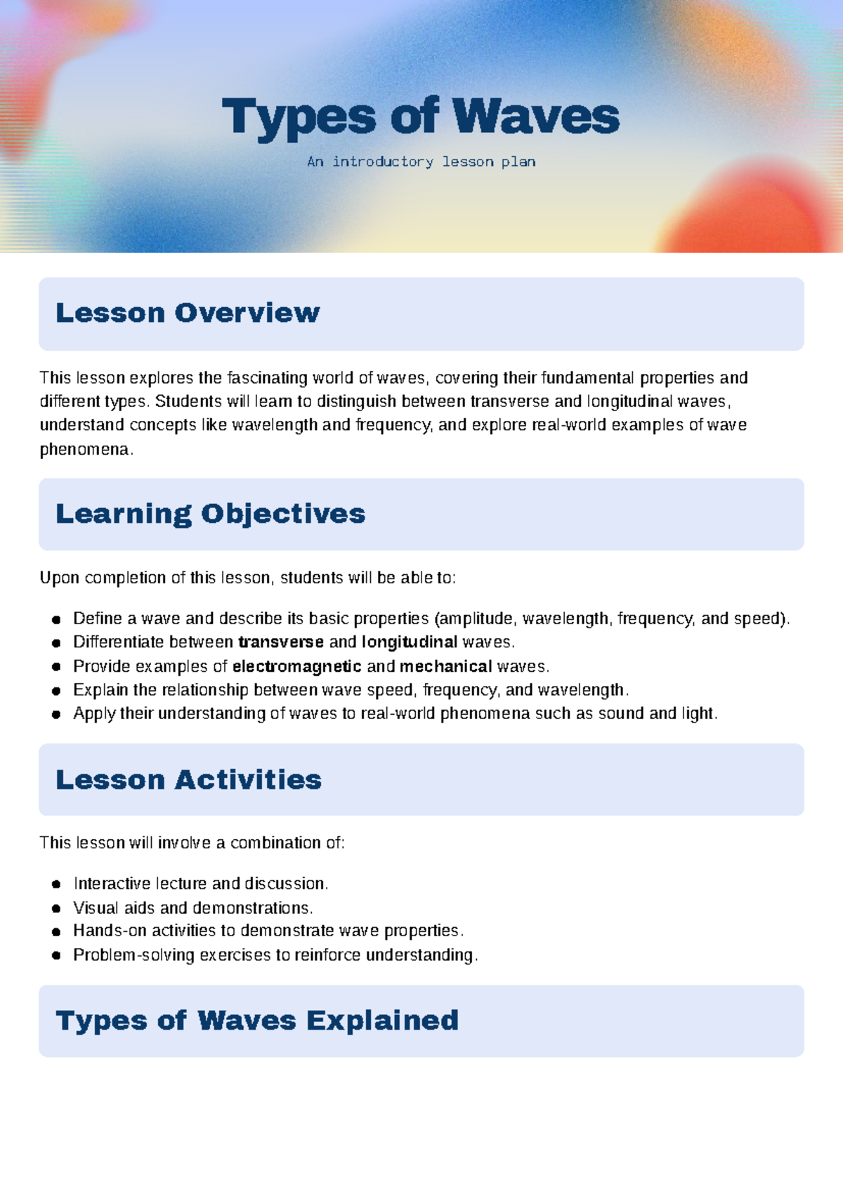 Types of Waves: An Introductory Lesson Plan (Course Code: LPN101) - Studocu