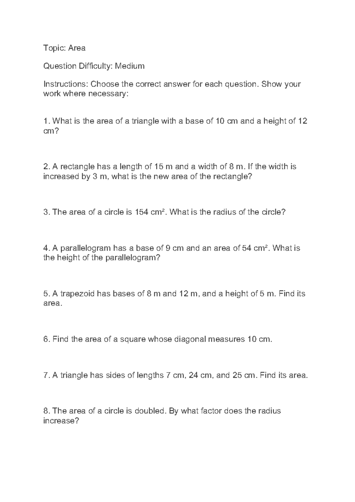 Area Practice Questions - Difficulty: Medium - Studocu