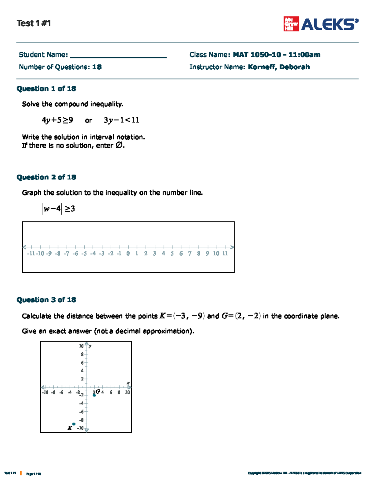 MAT 1050-10 Test 1 Solutions: 18 Questions Overview - Studocu