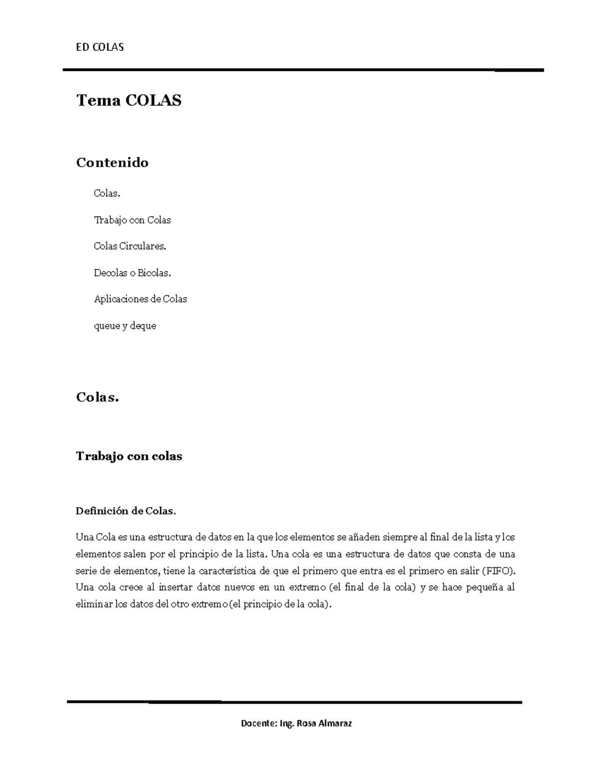 ED COLAS: Tema de Estructuras de Datos - Colas y Colas Circulares - Studocu