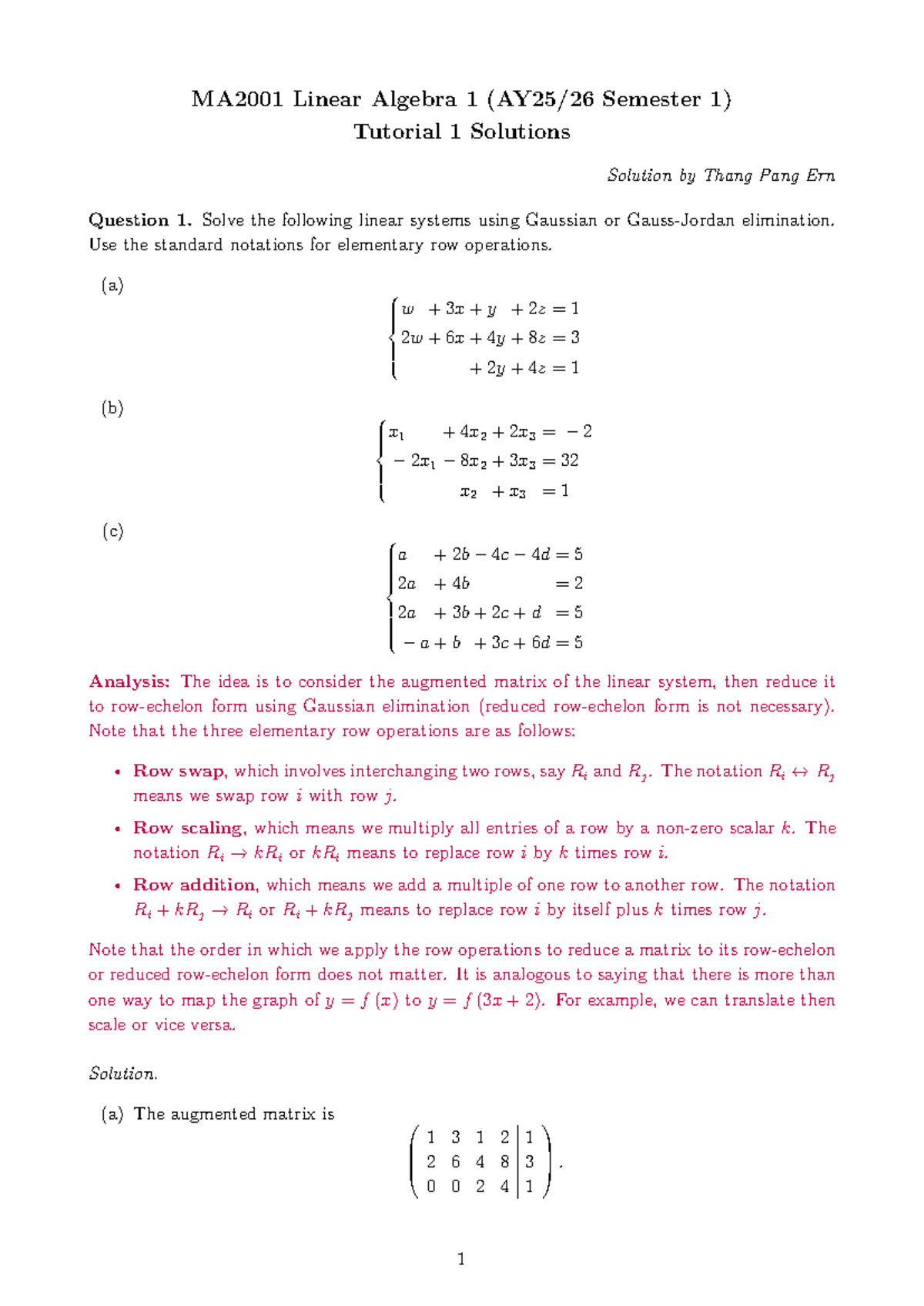 MA2001 Linear Algebra 1 Semester 1 Tutorial 1 Solutions - Studocu