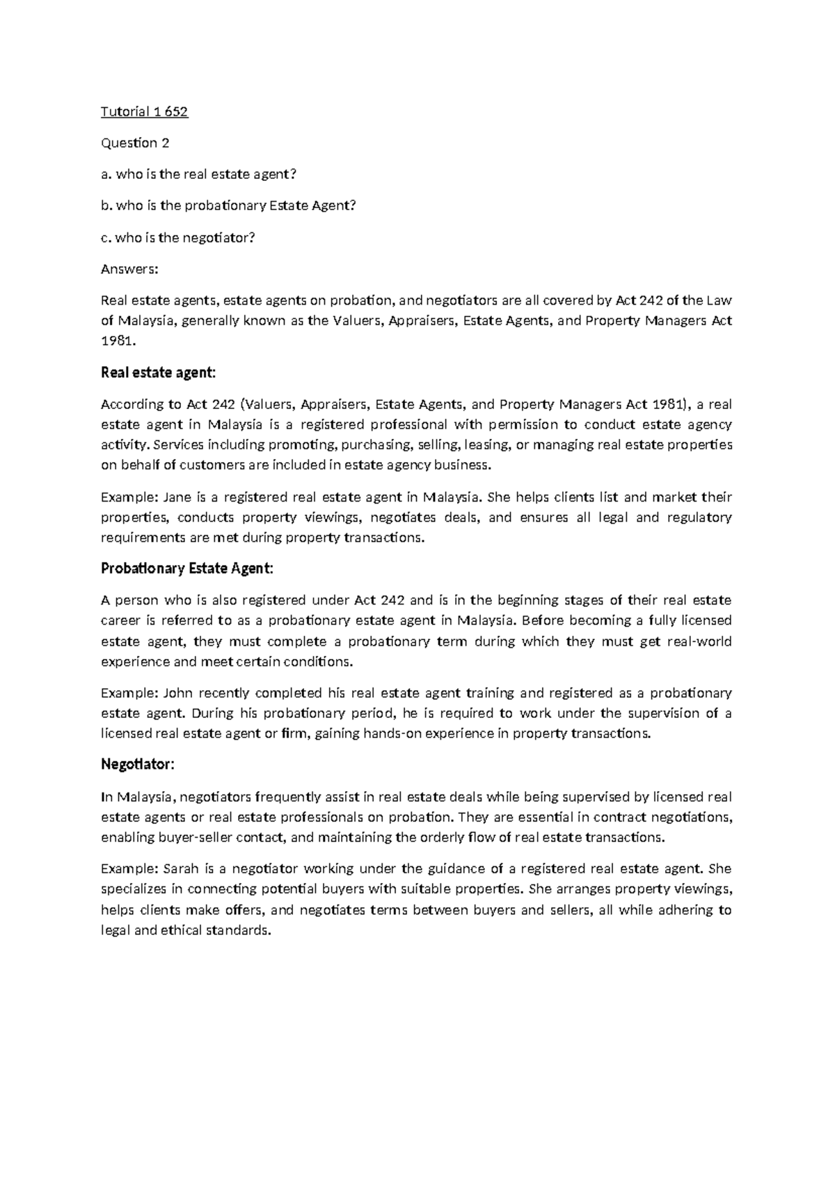 Tutorial 1 652: Understanding Roles in Real Estate Agents - Studocu