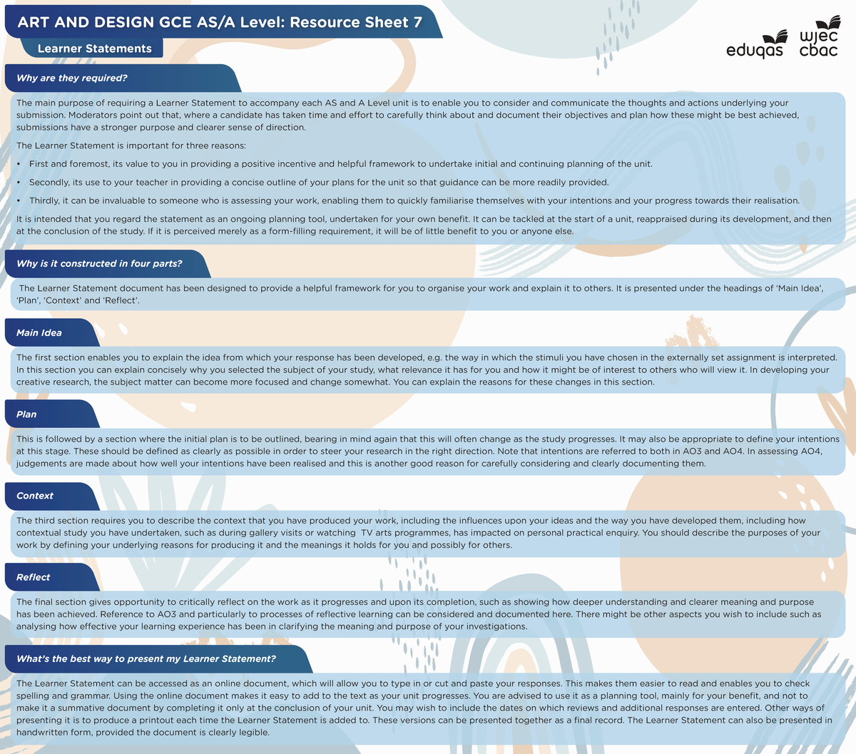 A07 WJEC GCE Art & Design: Learner Statement Resource Guide - Studocu
