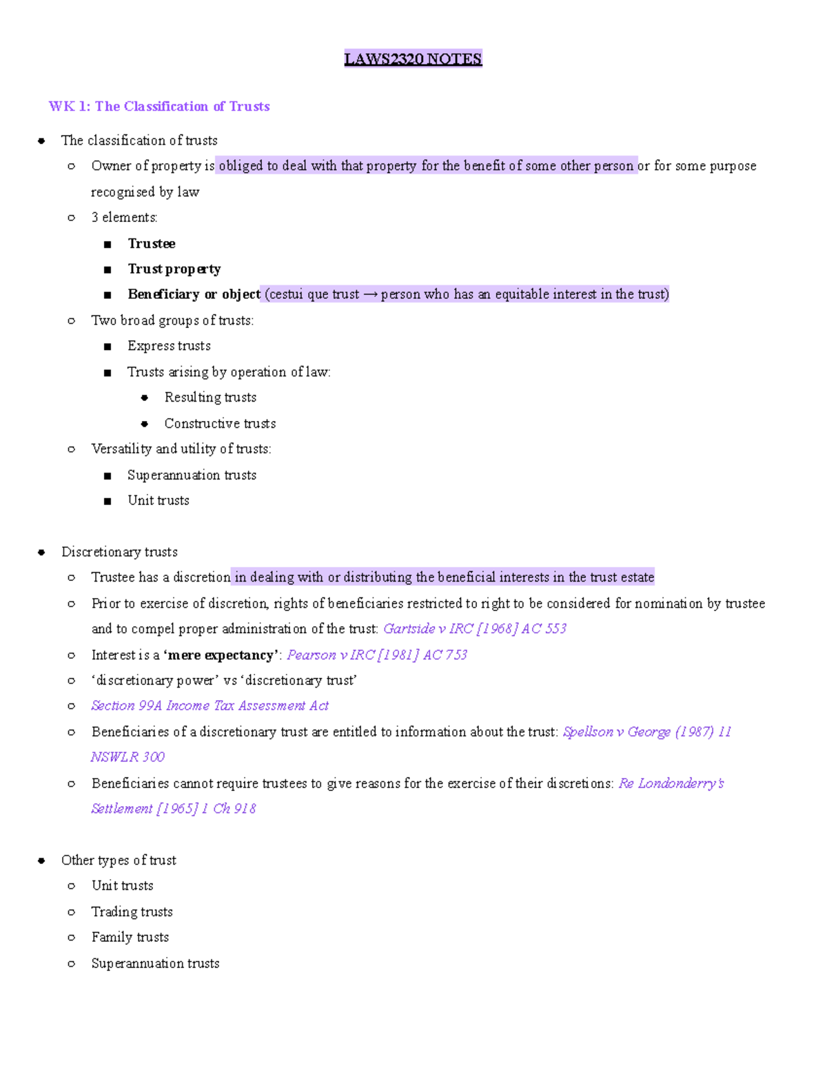 LAWS2320 Lecture Notes: Trust Classification and Creation (Weeks 1-6 ...