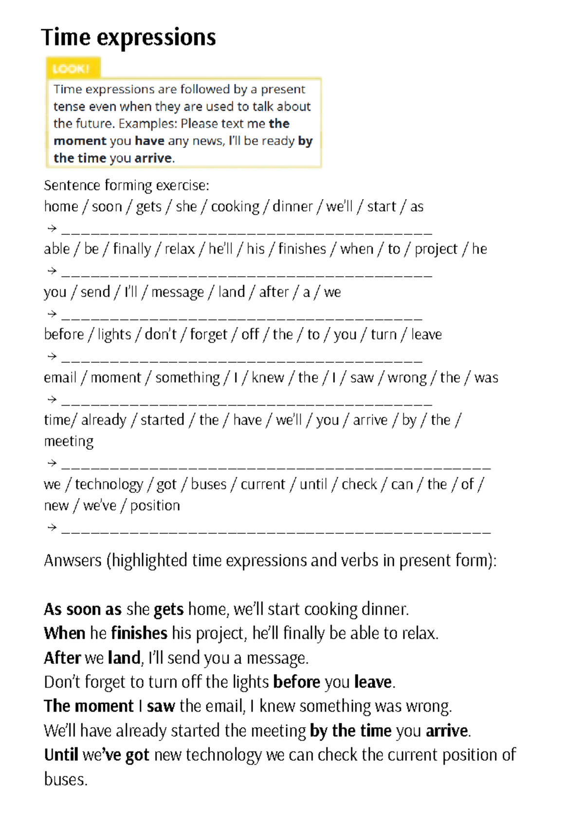 Time Expressions: Sentence Formation Exercises and Answers - Studocu
